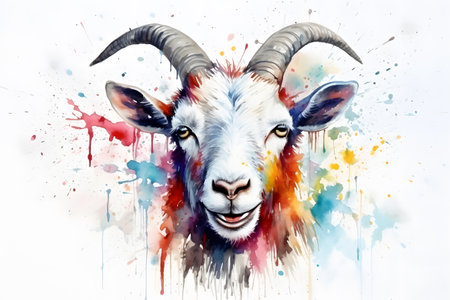 Modern colorful watercolor painting of a goat, textured white paper background, vibrant paint splashes. Generative AIの素材