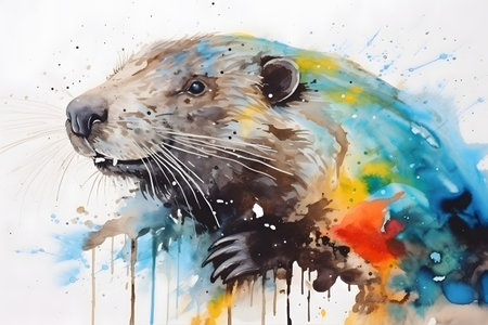 Modern colorful watercolor painting of a mole, textured white paper background, vibrant paint splashes. Generative AIの素材