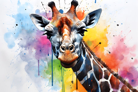 Modern colorful watercolor painting of a giraffe, textured white paper background, vibrant paint splashes. Generative AIの素材