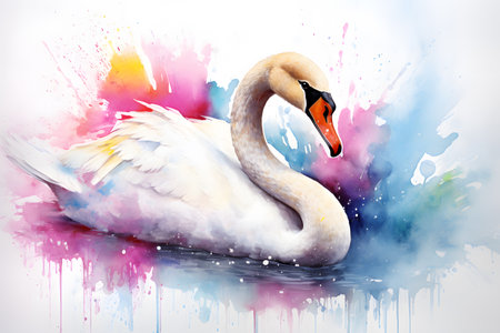 Modern colorful watercolor painting of a swan, textured white paper background, vibrant paint splashes. Generative AIの素材