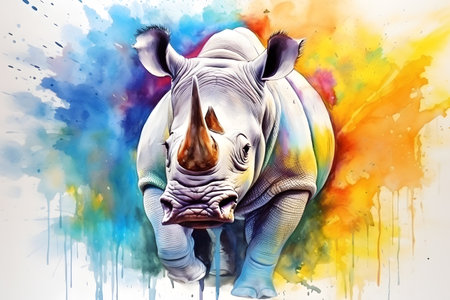 Modern colorful watercolor painting of a rhinoceros, textured white paper background, vibrant paint splashes. Generative AIの素材