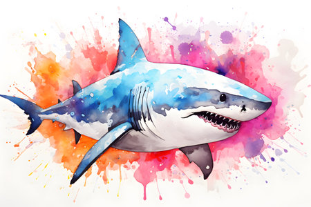 Modern colorful watercolor painting of a shark, textured white paper background, vibrant paint splashes. Generative AIの素材