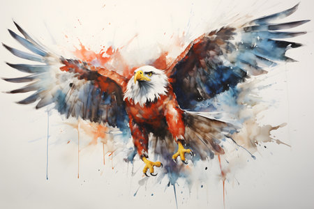 Modern colorful watercolor painting of a hawk, textured white paper background, vibrant paint splashes. Generative AIの素材