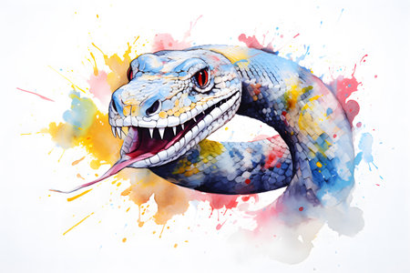Modern colorful watercolor painting of a snake, textured white paper background, vibrant paint splashes. Generative AIの素材