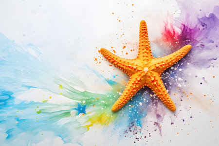Modern colorful watercolor painting of a starfish, textured white paper background, vibrant paint splashes. Generative AIの素材