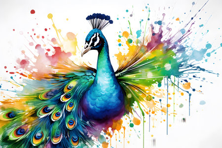 Modern colorful watercolor painting of a peacock, textured white paper background, vibrant paint splashes. Generative AIの素材