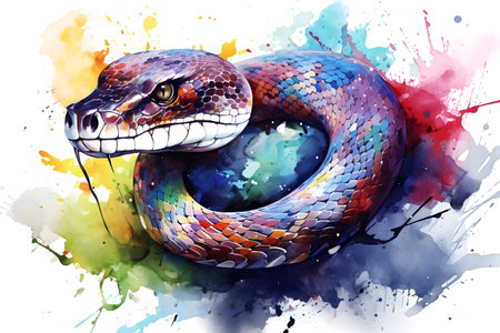 Modern colorful watercolor painting of a snake, textured white paper background, vibrant paint splashes. Generative AIの素材