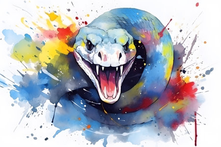 Modern colorful watercolor painting of a snake, textured white paper background, vibrant paint splashes. Generative AIの素材
