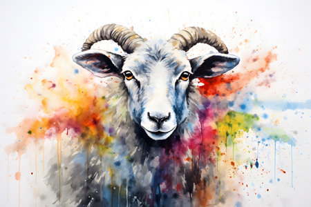 Modern colorful watercolor painting of a sheep or goat, textured white paper background, vibrant paint splashes. Generative AIの素材