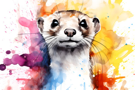 Modern colorful watercolor painting of a weasel, textured white paper background, vibrant paint splashes. Generative AIの素材