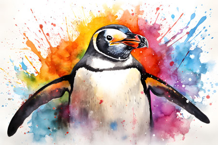Modern colorful watercolor painting of a penguin, textured white paper background, vibrant paint splashes. Generative AIの素材