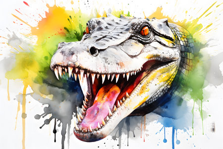 Modern colorful watercolor painting of an alligator, textured white paper background, vibrant paint splashes. Generative AIの素材
