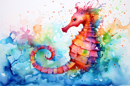 Modern colorful watercolor painting of a seahorse, textured white paper background, vibrant paint splashes. Generative AIの素材