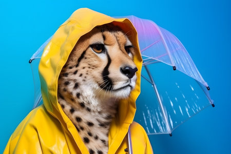 Portrait of a cheetah wearing a raincoat and an umbrella in studio, colorful background. Autumn concept. Created with generative AIの素材