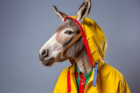 Portrait of a donkey or mule wearing a raincoat and an umbrella in studio, colorful background. Autumn concept. Created with generative AIの素材