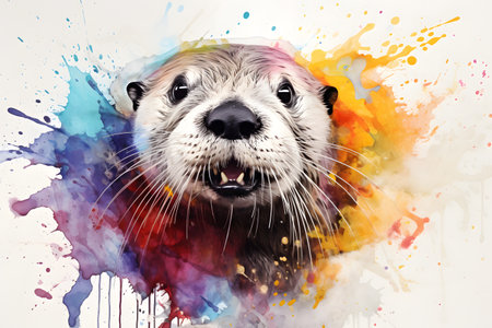 Modern colorful watercolor painting of an otter, textured white paper background, vibrant paint splashes. Generative AIの素材