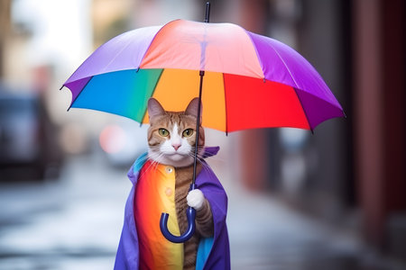 Portrait of a cat wearing a raincoat and an umbrella in studio, colorful background. Autumn concept. Created with generative AIの素材