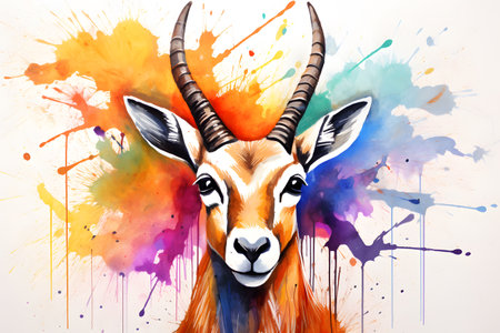 Modern colorful watercolor painting of an antelope, textured white paper background, vibrant paint splashes. Generative AIの素材