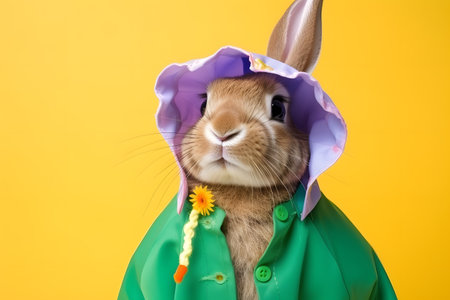 Portrait of a bunny or rabbit wearing a raincoat and an umbrella in studio, colorful background. Autumn concept. Created with generative AIの素材