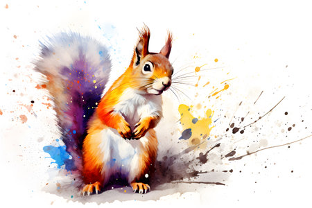 Modern colorful watercolor painting of a squirrel, textured white paper background, vibrant paint splashes. Generative AIの素材