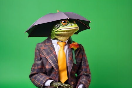Portrait of a frog wearing a raincoat and an umbrella in studio, colorful background. Autumn concept. Created with generative AIの素材