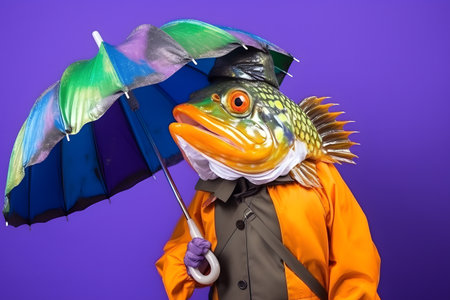 Portrait of a fish wearing a raincoat and an umbrella in studio, colorful background. Autumn concept. Created with generative AIの素材