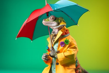 Portrait of a chameleon wearing a raincoat and an umbrella in studio, colorful background. Autumn concept. Created with generative AIの素材