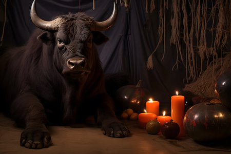 Spooky portrait of a buffalo in a Halloween setup in studio, dramatic lighting. Generative AIの素材