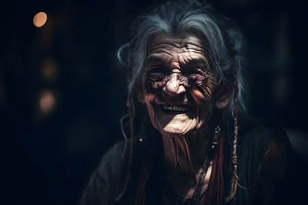 An old and ugly witch with an evil laugh outside at night. Halloween theme, cinematic lighting. Generative AIの素材