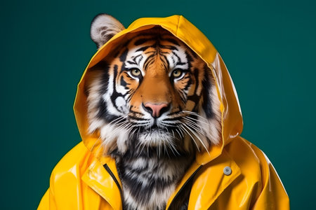 Portrait of a tiger wearing a raincoat and an umbrella in studio, colorful background. Autumn concept. Created with generative AIの素材