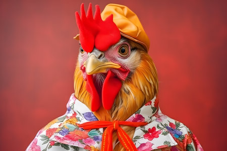 Portrait of a rooster or chicken wearing a raincoat and an umbrella in studio, colorful background. Autumn concept. Created with generative AIの素材