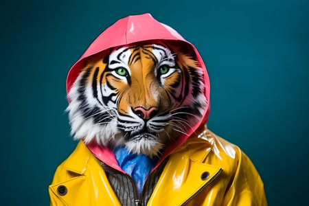 Portrait of a tiger wearing a raincoat and an umbrella in studio, colorful background. Autumn concept. Created with generative AIの素材