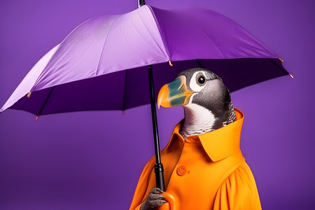 Portrait of a penguin wearing a raincoat and an umbrella in studio, colorful background. Autumn concept. Created with generative AIの素材