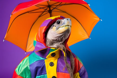 Portrait of a turtle or tortoise wearing a raincoat and an umbrella in studio, colorful background. Autumn concept. Created with generative AIの素材