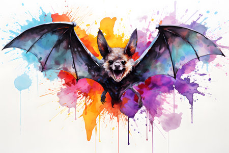 Modern colorful watercolor painting of a bat, textured white paper background, vibrant paint splashes. Generative AIの素材