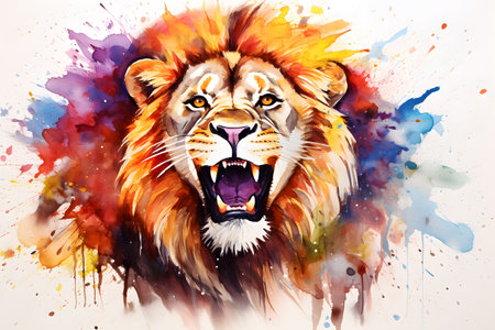 Modern colorful watercolor painting of a lion, textured white paper background, vibrant paint splashes. Generative AIの素材