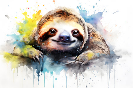 Modern colorful watercolor painting of a sloth, textured white paper background, vibrant paint splashes. Generative AIの素材