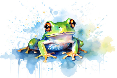 Modern colorful watercolor painting of a green frog, textured white paper background, vibrant paint splashes. Generative AIの素材