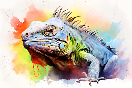 Modern colorful watercolor painting of an iguana, textured white paper background, vibrant paint splashes. Generative AIの素材