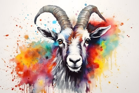 Modern colorful watercolor painting of a goat, textured white paper background, vibrant paint splashes. Generative AIの素材