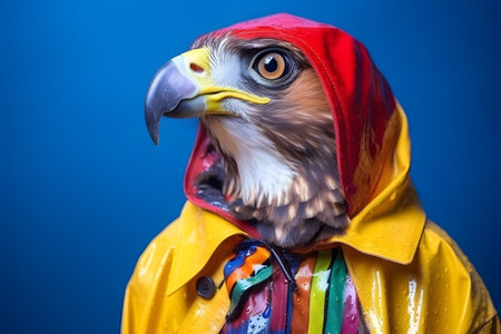 Portrait of a hawk wearing a raincoat and an umbrella in studio, colorful background. Autumn concept. Created with generative AIの素材
