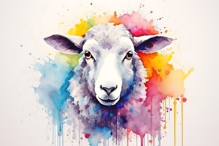 Modern colorful watercolor painting of a sheep or goat, textured white paper background, vibrant paint splashes. Generative AIの素材