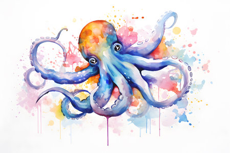 Modern colorful watercolor painting of a squid, textured white paper background, vibrant paint splashes. Generative AIの素材