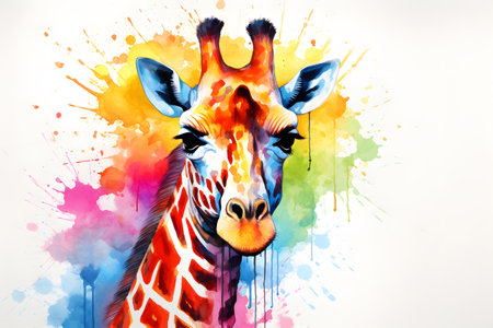 Modern colorful watercolor painting of a giraffe, textured white paper background, vibrant paint splashes. Generative AIの素材