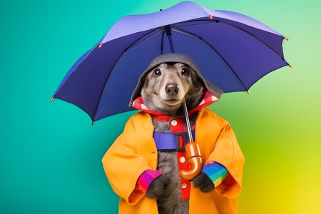 Portrait of a mole wearing a raincoat and an umbrella in studio, colorful background. Autumn concept. Created with generative AIの素材