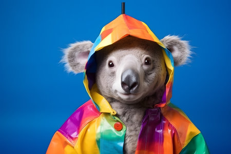 Portrait of a koala wearing a raincoat and an umbrella in studio, colorful background. Autumn concept. Created with generative AIの素材
