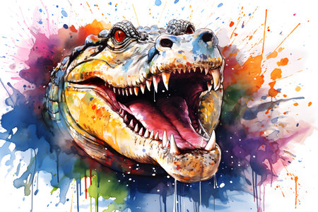 Modern colorful watercolor painting of a crocodile, textured white paper background, vibrant paint splashes. Generative AIの素材