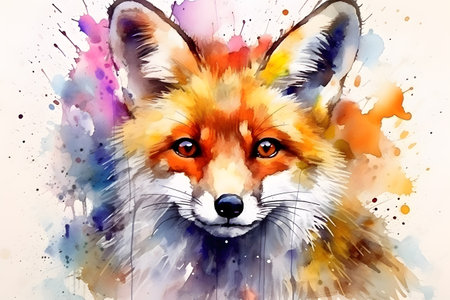 Modern colorful watercolor painting of a fox, textured white paper background, vibrant paint splashes. Generative AIの素材