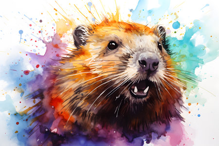 Modern colorful watercolor painting of a beaver, textured white paper background, vibrant paint splashes. Generative AIの素材