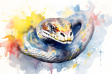 Modern colorful watercolor painting of a python, textured white paper background, vibrant paint splashes. Generative AIの素材